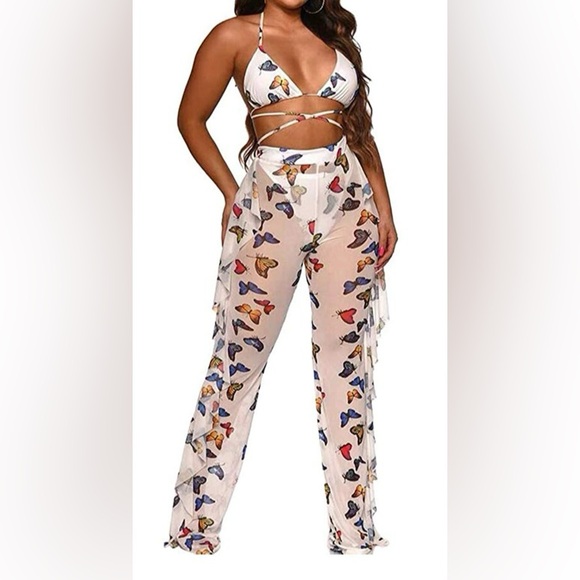 Butterfly Print White Sheer Coverup - Picture 5 of 5